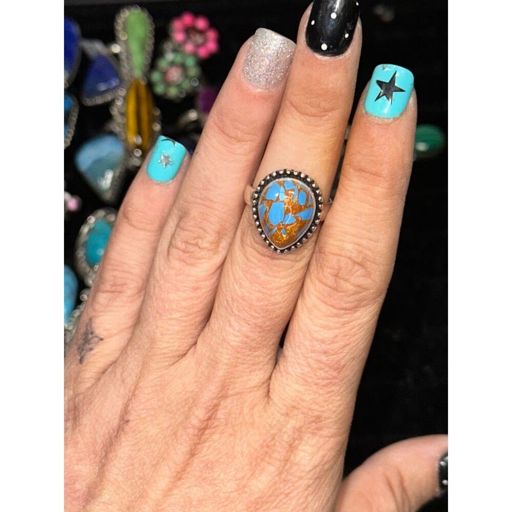Copper Turquoise Teardrop Sterling Silver Overlay Ring Size 8